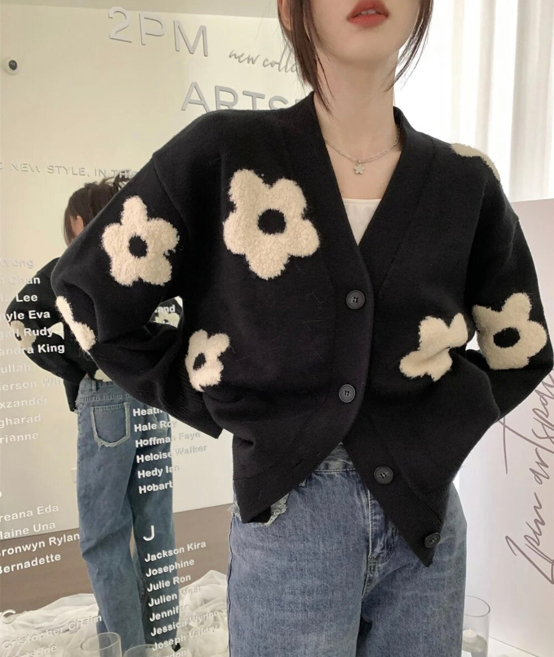 Daisy Flower Cardigan Sweater Black Bloom