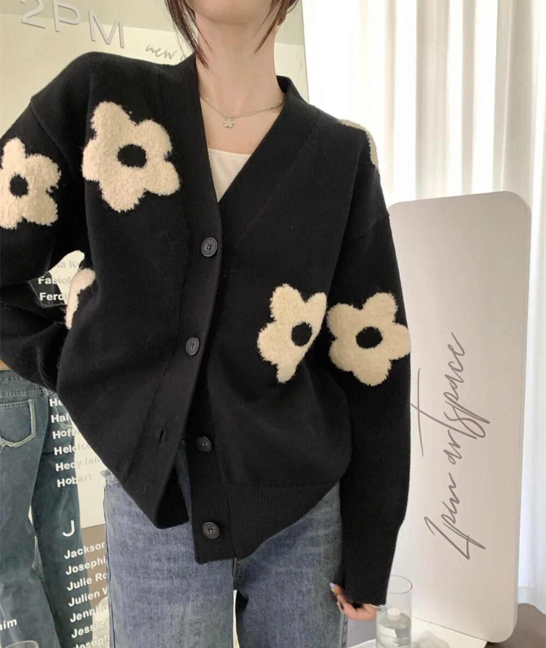 Daisy Flower Cardigan Sweater Black Bloom