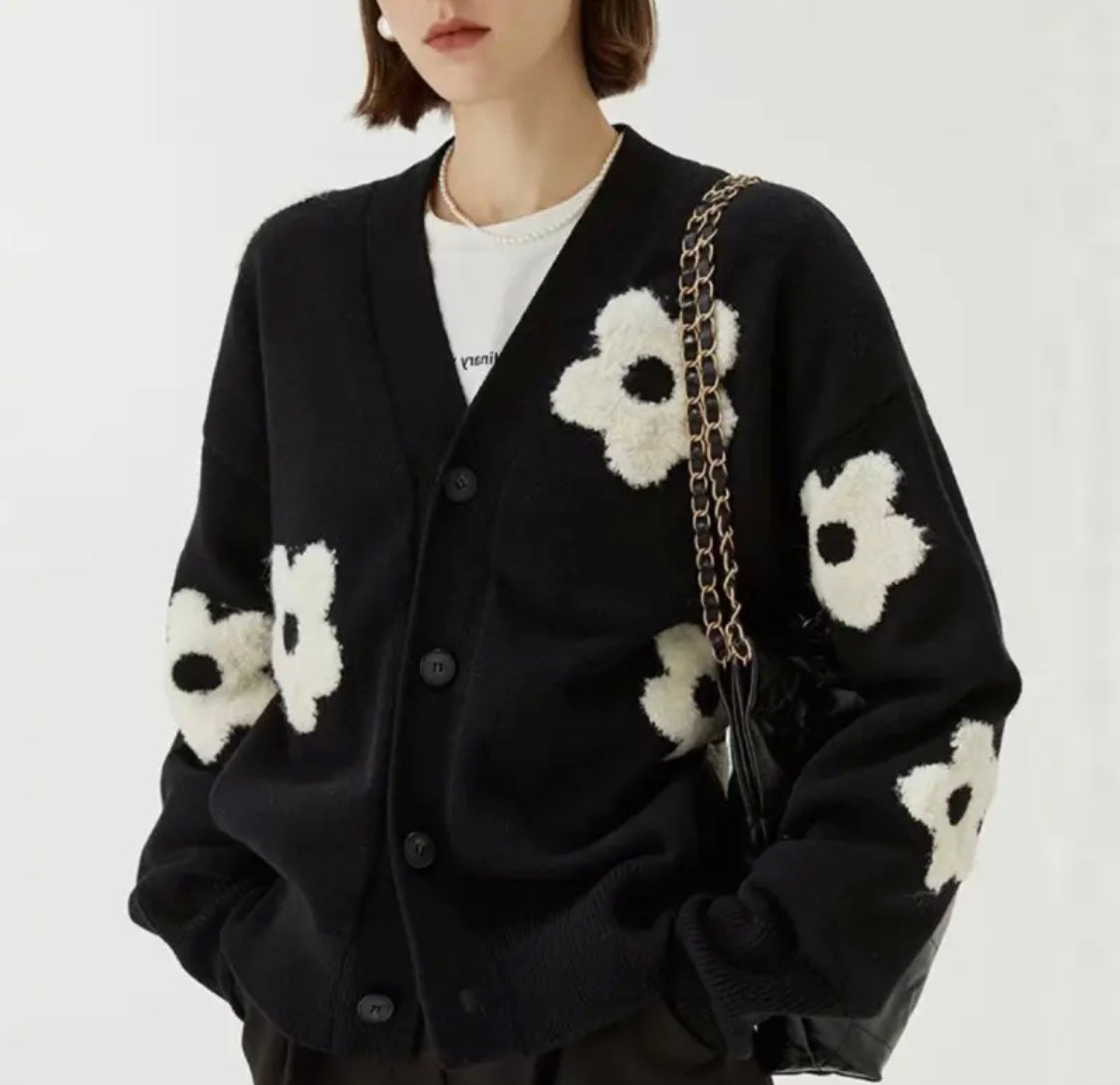 Daisy Flower Cardigan Sweater Black Bloom