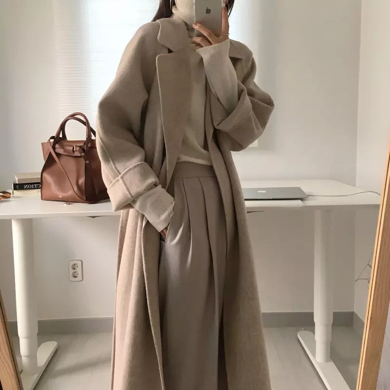 Wool Coat Belted Heather Khaki Long