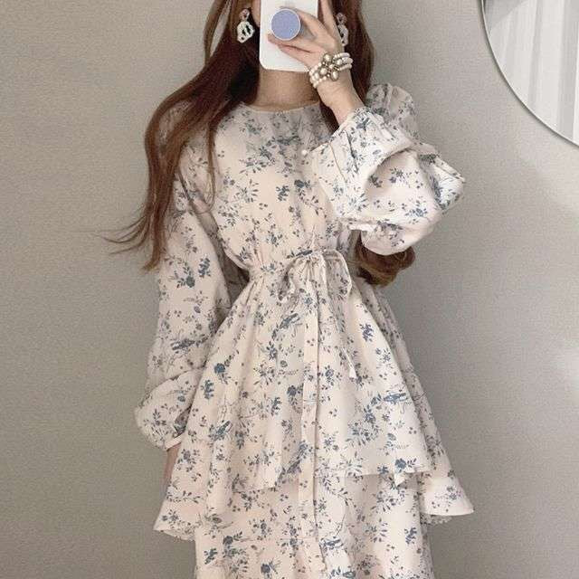 Floral Grace Layer Dress Light Brown Flower / S Floral Grace Layer Dress Light Brown Flower / S