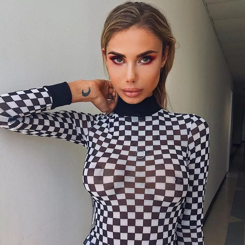 Checkered Black & White Mesh Crop Top