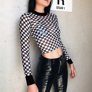 Checkered Black & White Mesh Crop Top