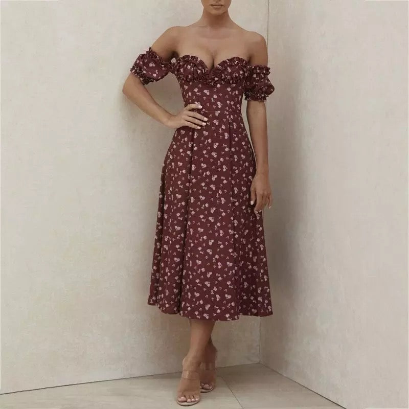 Wine Flower Off Shoulder Dress