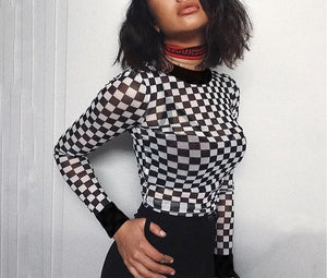 Checkered Black & White Mesh Crop Top