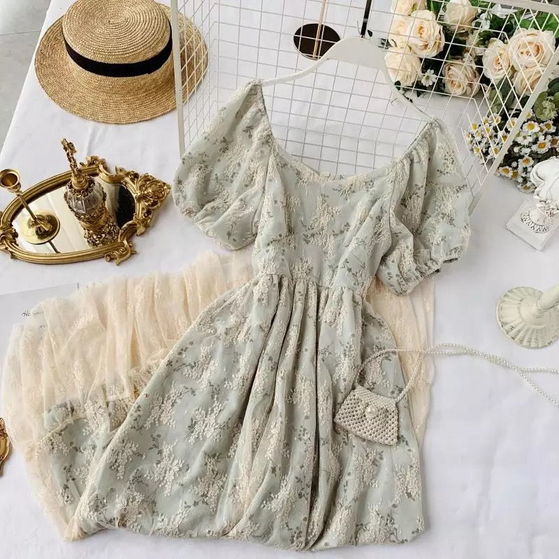 Green Meadows Floral Puff Lace Dress