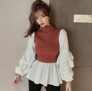 Lantern Sleeve Patchwork Blouse