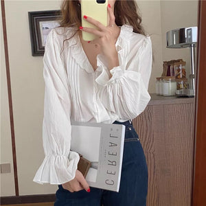 Blouse ruffle korean fashion bell sleeve womens top white beige 