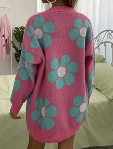 Blue Daisy Pink Knit Cardigan Sweater