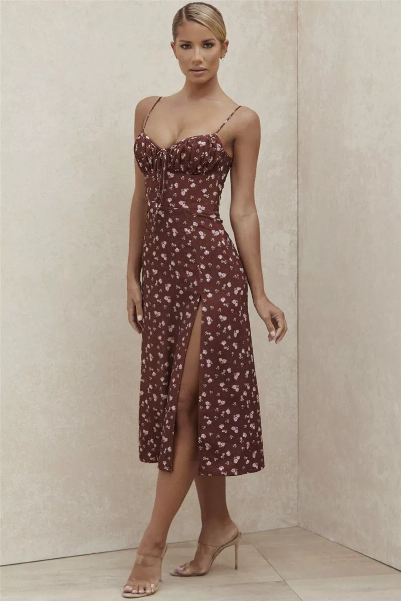 Burgundy Flower Slit Dress