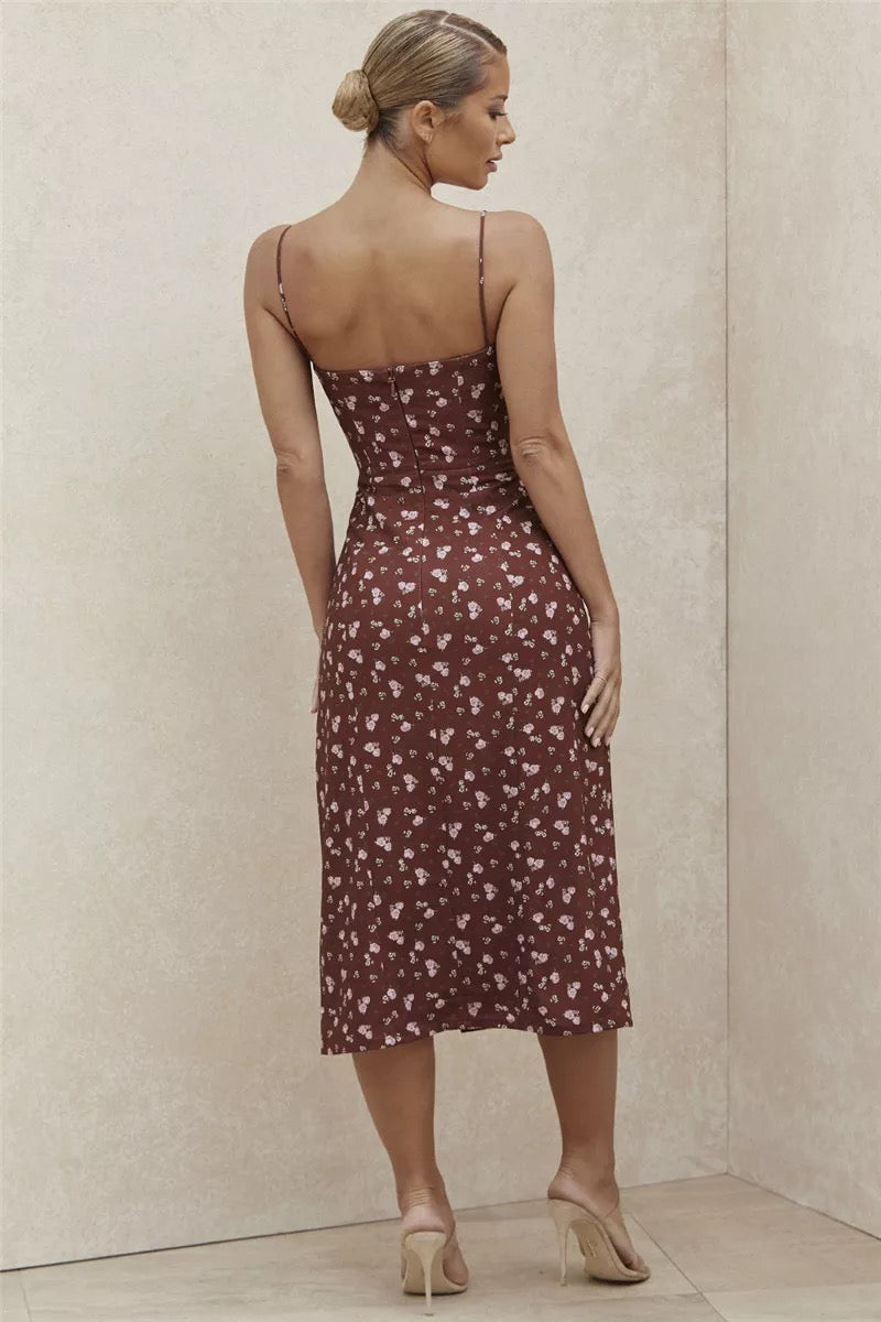 Burgundy Flower Slit Dress