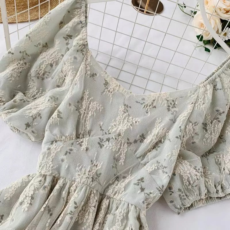 Green Meadows Floral Puff Lace Dress