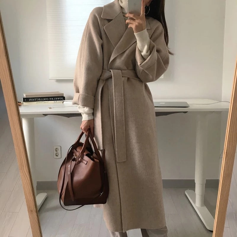 Wool Coat Belted Heather Khaki Long