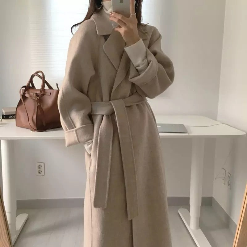 Wool Coat Belted Heather Khaki Long