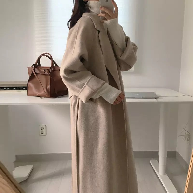 Wool Coat Belted Heather Khaki Long