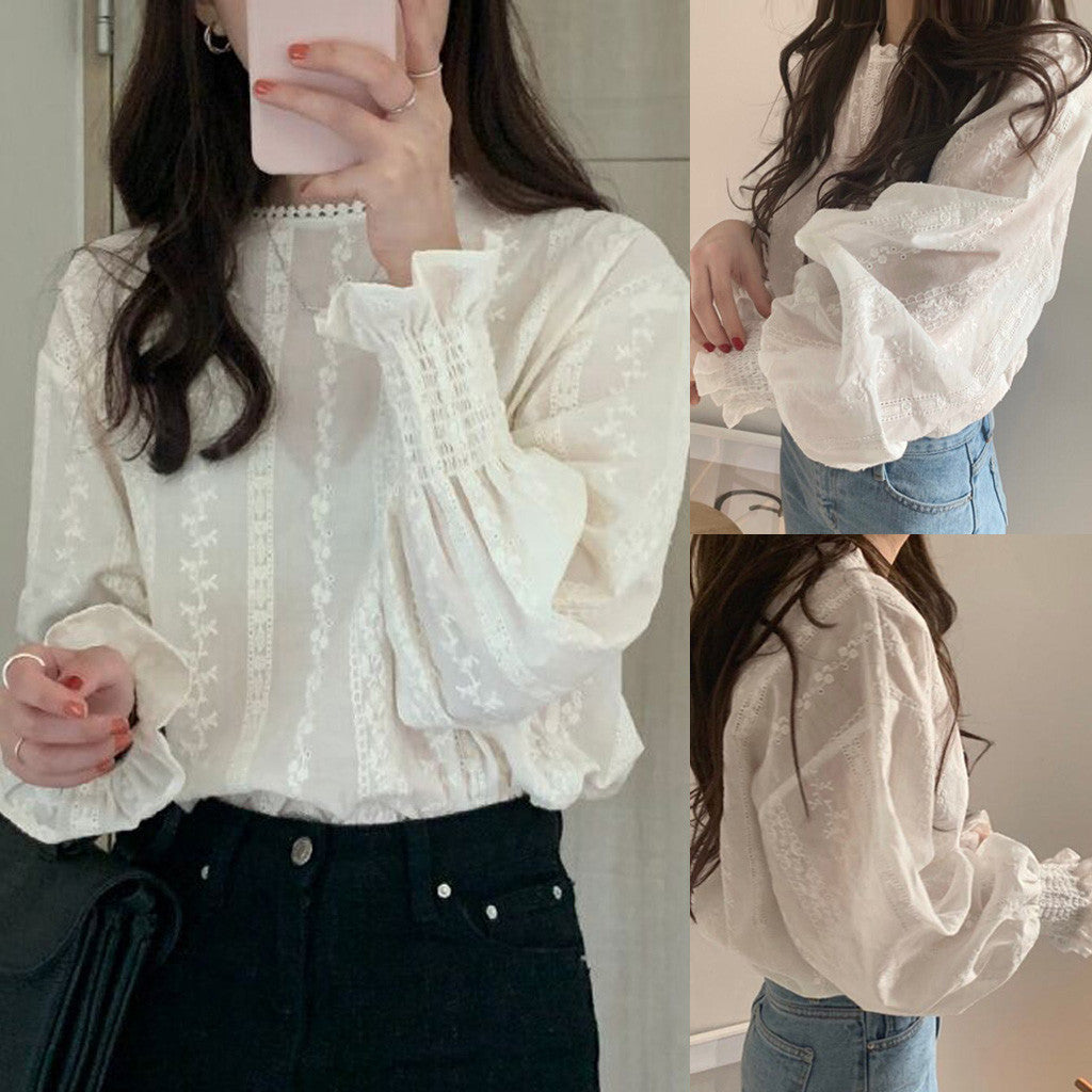 Embroidery Linen Puff Blouse